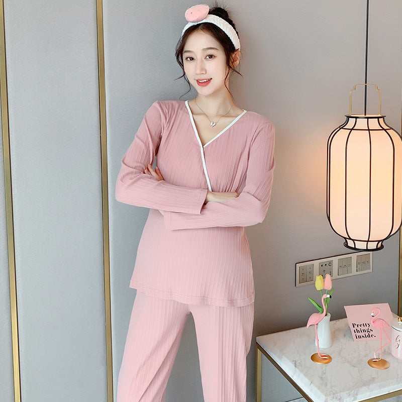 Pregnant women's autumn clothes and pants suits confinement clothes autumn and winter clothes nursing home clothes pajamas thermal underwear cross V-neck