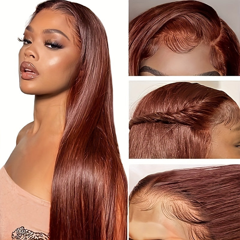 13x4 HD Lace Frontal Human Hair Wig, Straight Hair Reddish Brown Color, 150 Density